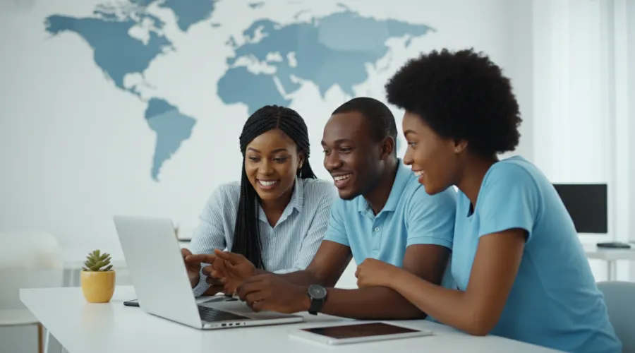 A travel agency team working on a booking together